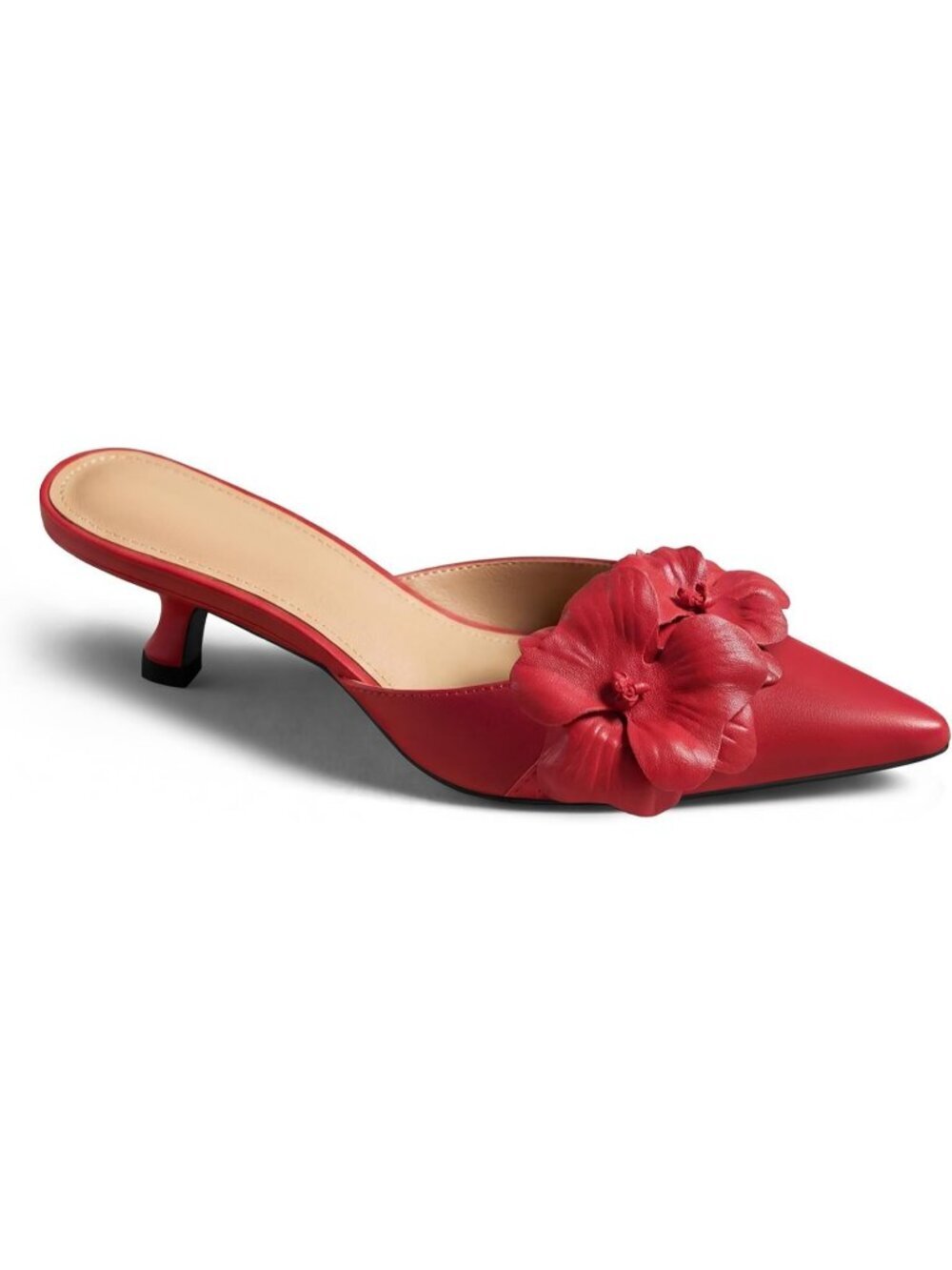 Women's Kitten Heels Low Heel Red Closed Pointed Toe Flower Slip On Pump Shoes